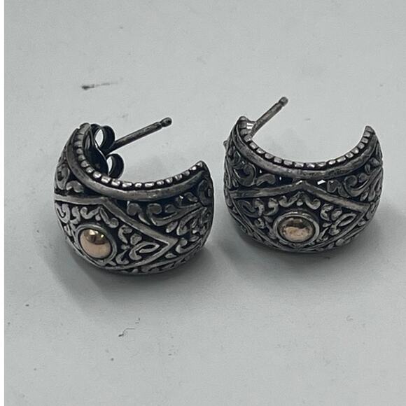 NF Signed 925 Bali Crafted Floral Half Hoop Pierced Earrings Gold Accent - Picture 7 of 10